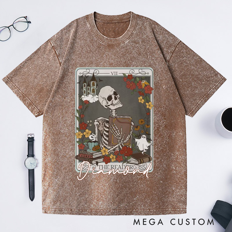 Personalized the Reader Tarot Card Crewneck Washed T-Shirts Skeleton Shirt Book Lover Shirt Bookish Shirt Librarian Shirt Reading Shirt