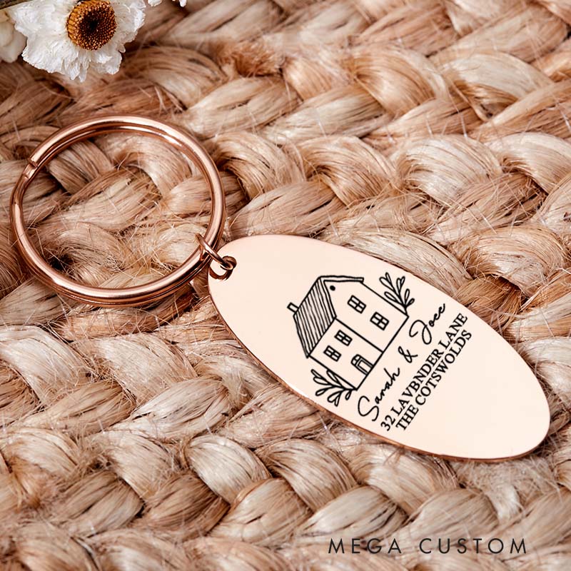Personalized New Home Couples Keyring Housewarming Gift Engraved Keychain with Name and Adress Moving House Gift New Home Key Ring Gift for Homeowner