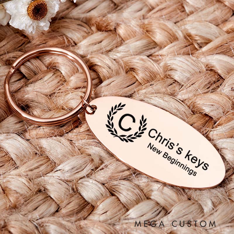 Personalized New Beginnings Keychain with Name Engraved House Warming Key Chain New Home Initial Keyring Moving House Gift for Homeowner First Home