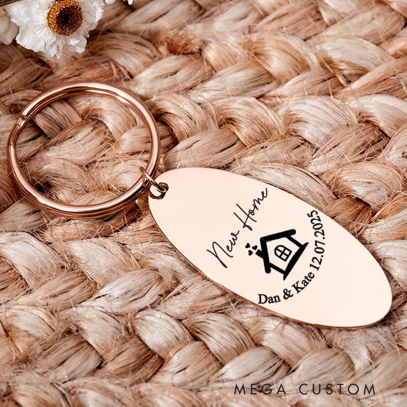 Personalized New Home Couples Keyring with Name and Date House Warming Keychain Moving House Gift His and Hers Keyring Housewarming Gift for Homeowner