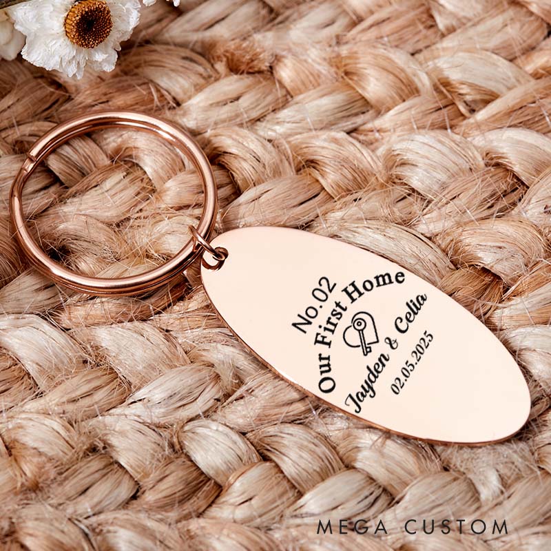 Personalized Our First Home Keychain Engraved New Home Couples Keyring House Warming Keychain Moving Gift His and Hers Keyring Housewarming Gift