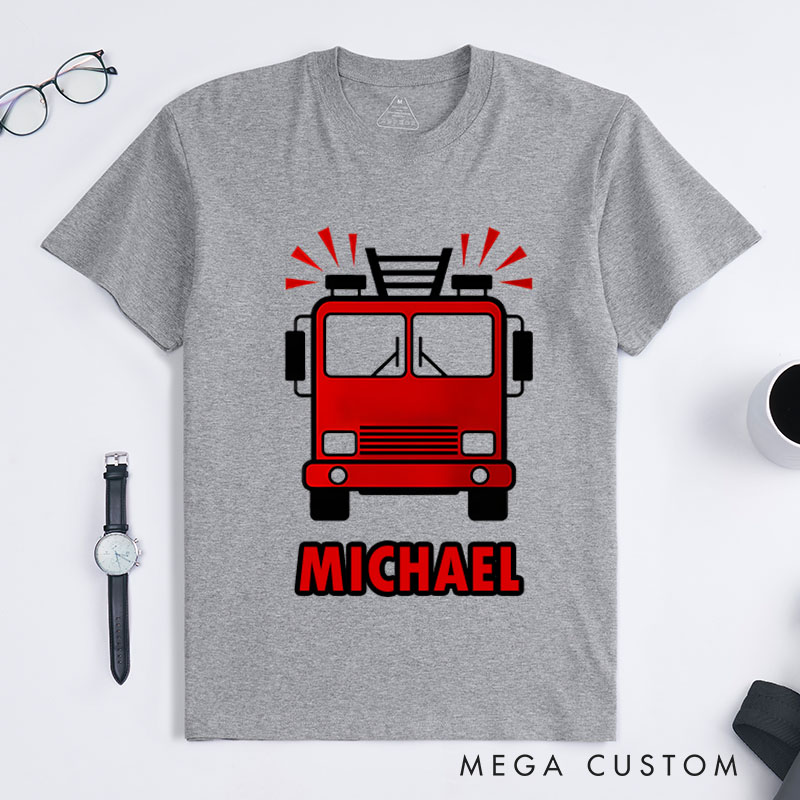 Personalized Firefighter T-Shirts  Front-Facing Fire Truck Fashion Design T-Shirts