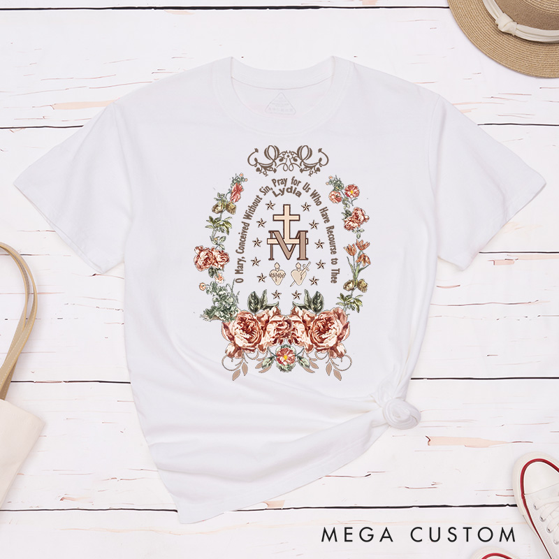 Personalized Virgin Mary Classic T-Shirt with Floral Wreath Cotton Shirt Catholic Gift Easter Christmas Gift for Women 