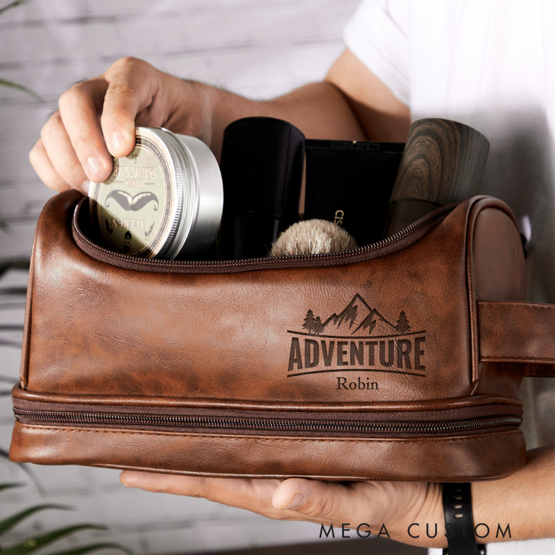 Personalized Adventure Toiletry Bag Leather Toiletry Bag Gift for Traveling Lovers Cool Travel Lover Gift for Him
