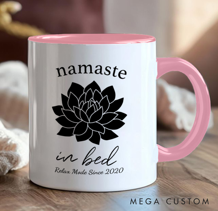Personalized Namaste in Bed Mug with Elegant Lotus Design Custom Name Perfect Gift for Yoga Lover