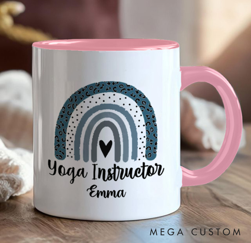 Personalized Yoga Instructor Mug with Hand-Drawn Rainbow Design Custom Name Perfect Gift for Yoga Lover
