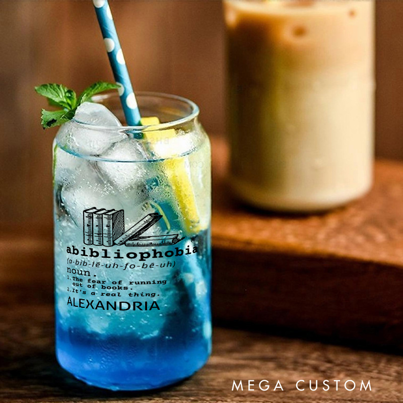 Personalized Abibliophobia Water Glasses Book Lover Glass Iced Coffee Tumbler Reader Glass Bookish Glass Bookworm Glass