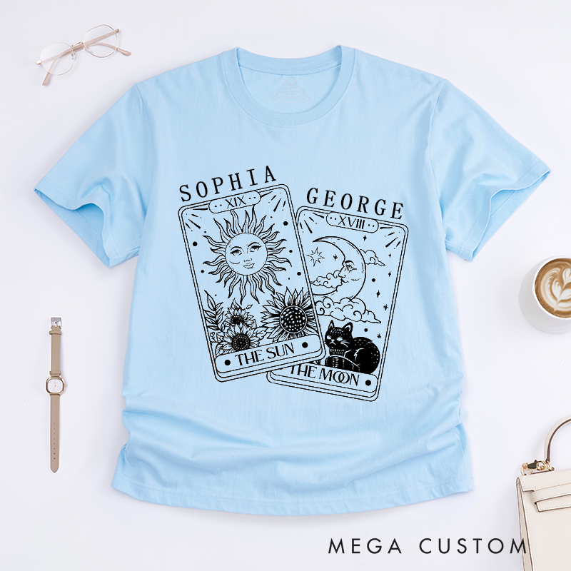 Personalized Tarot Lovers Classic T-Shirts Tarot Cards Sun and Moon Magic Illustration Witchcraft Boho Illustration T-Shirts Gift