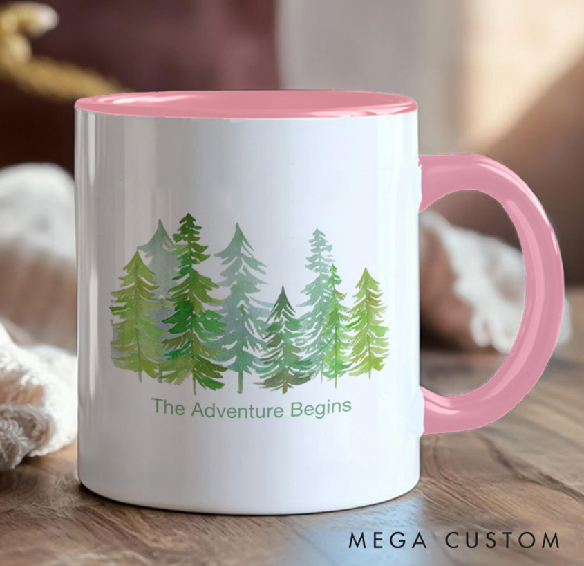 Personalized the Adventure Begins Mug Forest Camping Rustic Mountain Mug Gift for Travel Hiking Outdoors Lovers