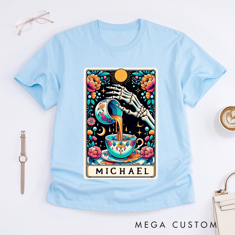 Personalized Spill the Tea Skeleton Tarot Card Classic T-Shirts Unique Gossip Lover Gift Custom Name Floral Vintage Aesthetic T-Shirts