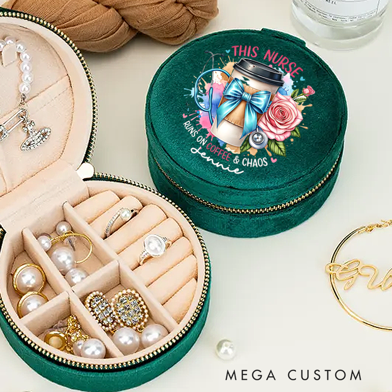 Personalized Velvet Jewelry Box for Nurse This Nurse Runs on Coffee Chaos Round Jewelry Box Gift Nurse Appreciation Gift
