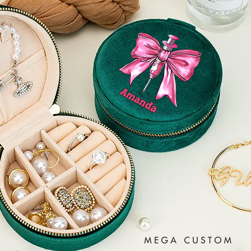 Personalized Velvet Jewelry Box for Nurse a Pink Bow Wrapped Around a Syringe Round Jewelry Box Gift Nurse Appreciation Gift