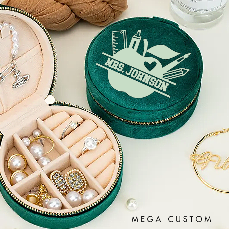 Personalized Velvet Jewelry Box for Teacher Red Apple Ruler and Pencil Round Jewelry Box Gift Teacher Appreciation Gift
