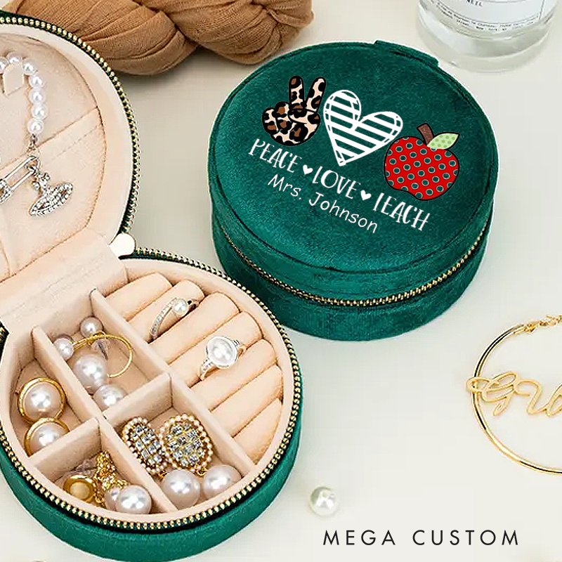 Personalized Velvet Jewelry Box for Teacher Peace Love Teach Round Jewelry Box Gift Teacher Appreciation Gift