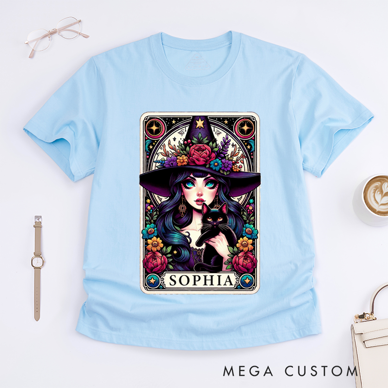 Personalized Tarot Lovers Classic T-Shirts Custom Name Floral Magic Cat Gift Unique Magic Lover Aesthetic Outfit
