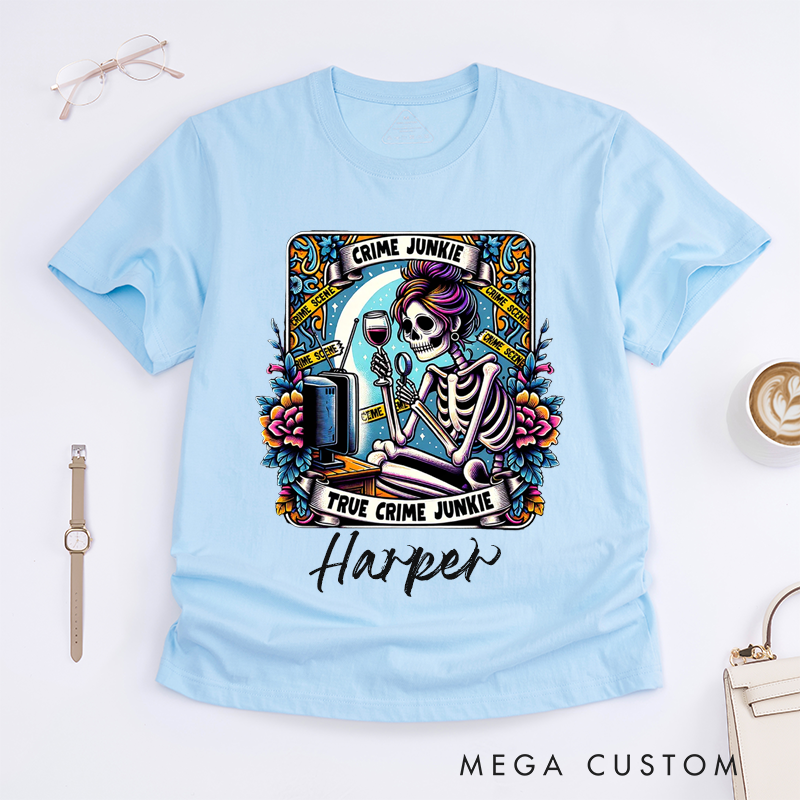 Personalized Tarot Lovers Classic T-Shirts Crime Junkie Classic T-Shirts Skeleton Watching TV Gift for Crime Lovers for Halloween