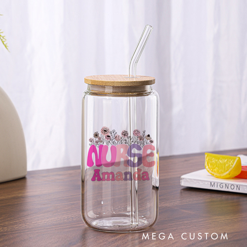 Personalized Nurse Tumbler with Lid and Straw Nurse Arrangement of Hand Drawn Flowers Custom Glass Coffee Cup Nurse Appreciation Gift