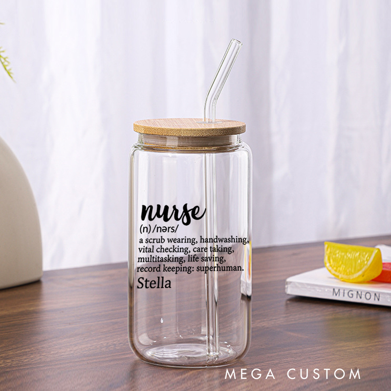 Personalized Nurse Tumbler with Lid and Straw Nurse Dictionary Style Definition Custom Glass Coffee Cup Nurse Appreciation Gift