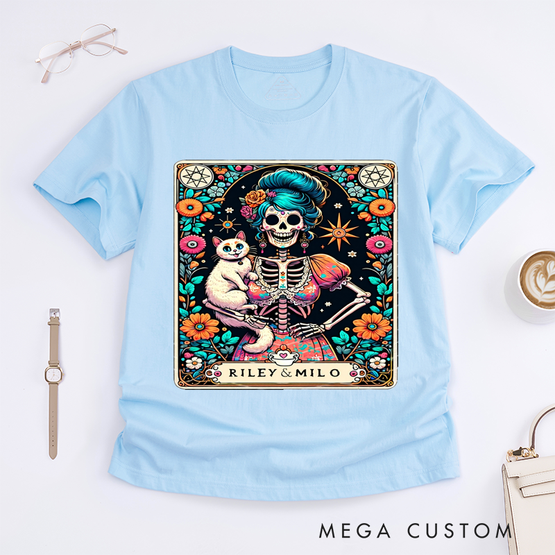 Personalized Tarot Lovers Classic T-Shirts Custom Name Cat Lady Skeleton Floral Art Present