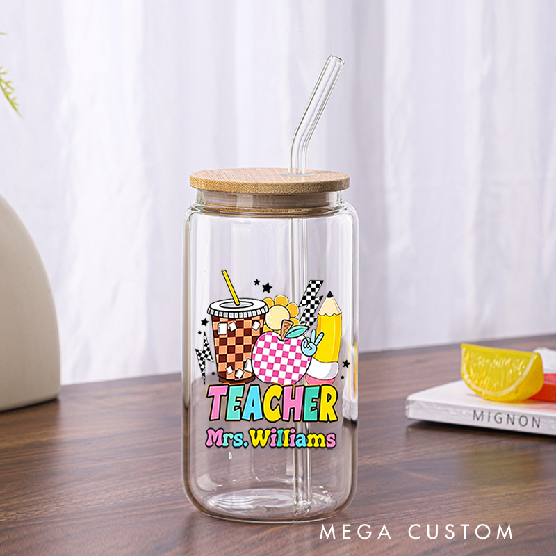 Personalized Teacher Tumbler with Lid and Straw Colorful and Playful Decorative Custom Glass Coffee Cup Teacher Appreciation Gift