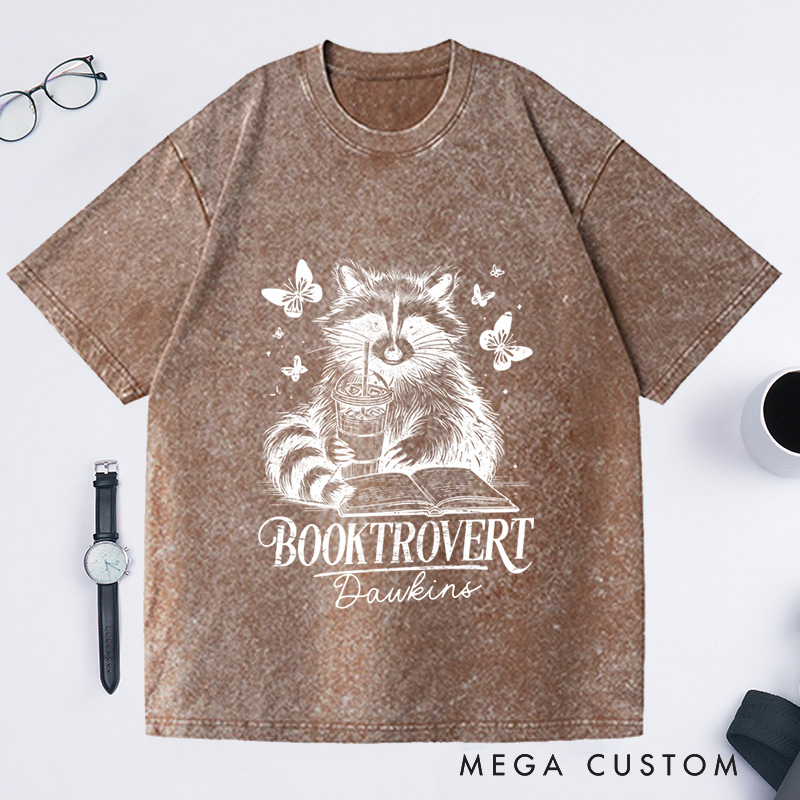 Personalized Booktrovert Washed T-Shirts Funny Book Lover Reading Raccoon Trendy Bookish Book Lover Gift 