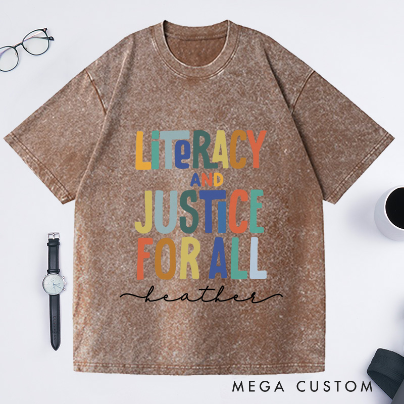 Personalized Literacy and Justice for All  Washed T-Shirts Book Club Shirt Reading Teacher Shirt