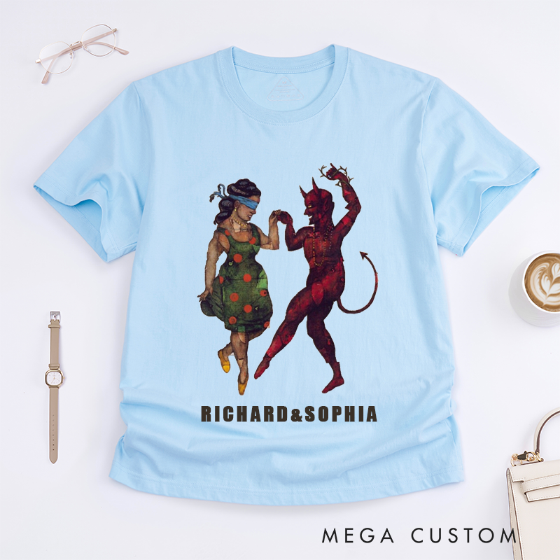 Personalized Classic T-Shirts Dancing Devil and Blindfolded Women Unique Artistic Unisex Gift Custom Name Top Retro Style Shirt