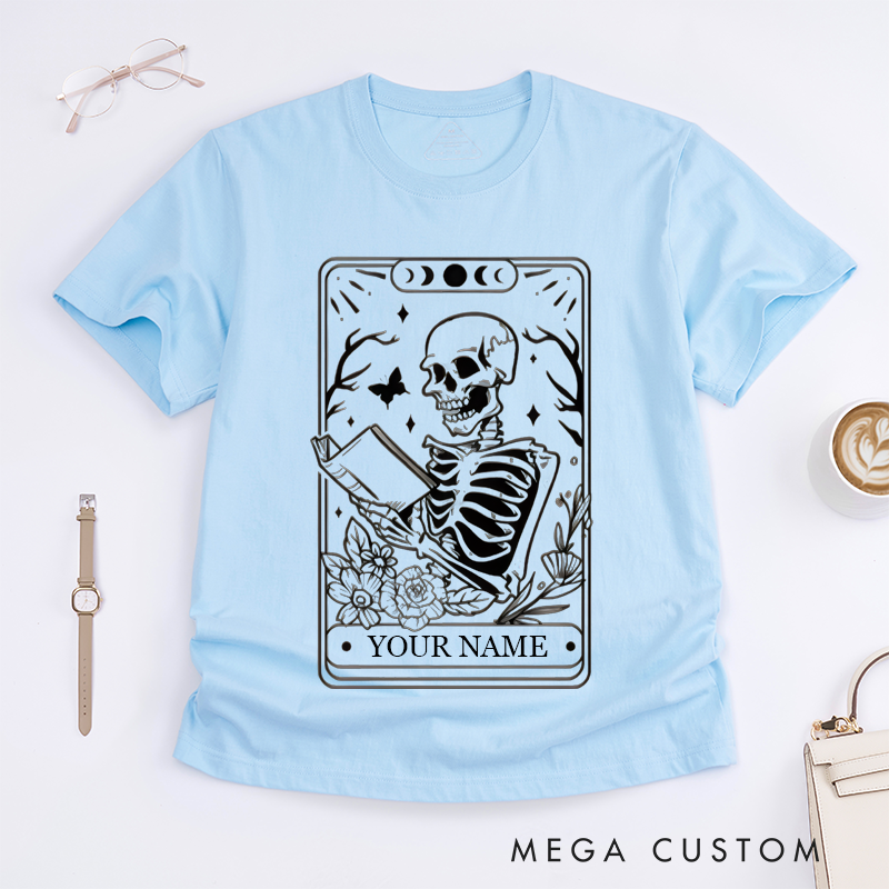 Personalized Skeleton Reader T-Shirts Unique Tarot Lover Gift for Men and Women Custom Name Floral Skulls Art Reader Shirt for Friends