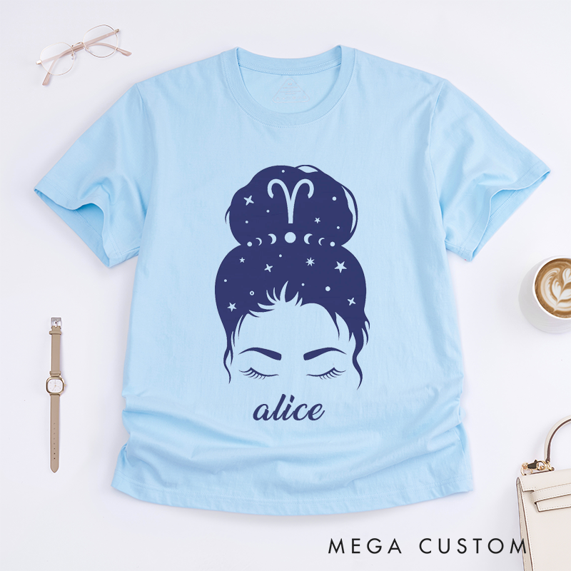 Personalized Aries Zodiac Sign Classic T-Shirts Custom Name Astrology Horoscope Gift for Women Unique Star Constellation Tee