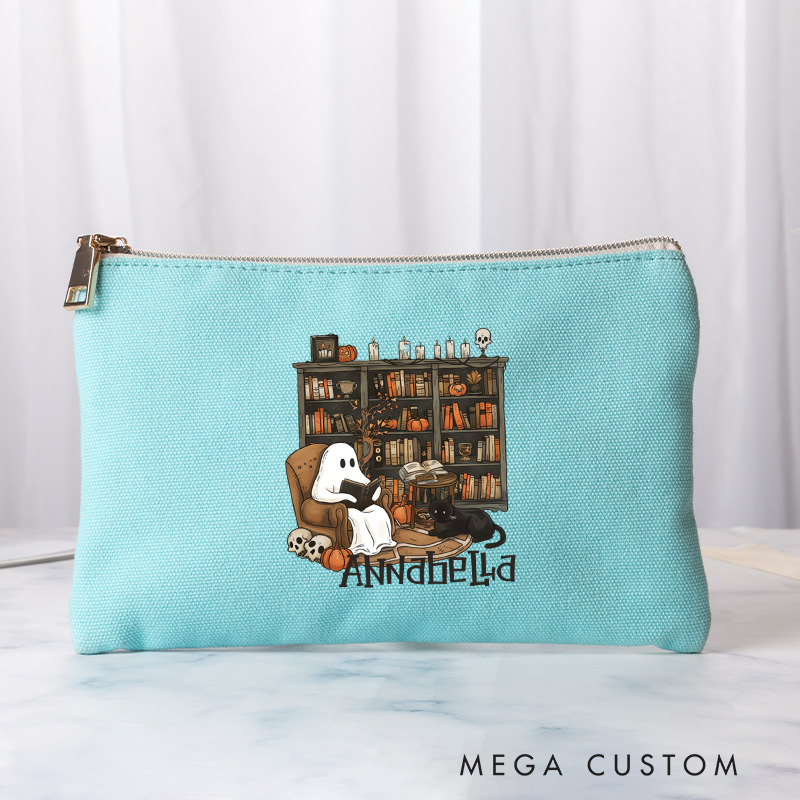 Personalized Retro Ghost Reading Books Cosmetic & Toiletry Storage Book Lover Cosmetic Bag Makeup Bag with Name Halloween Gift Librarian Gift Reading Gift