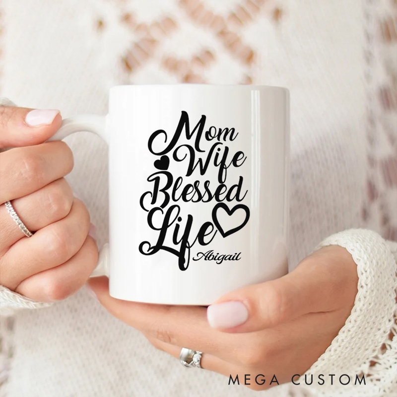 Personalized Mom Wife Blessed Life Ceramic Mug with Name Birthday Gift for Christian Positive Affirmation Religious Gift for Christian