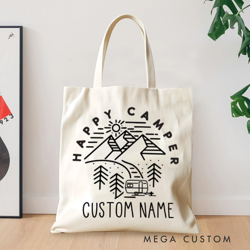 Personalized Happy Camper Tote Bag Outdoor Adventure Lover Bag Gift for Hiking Traveling 