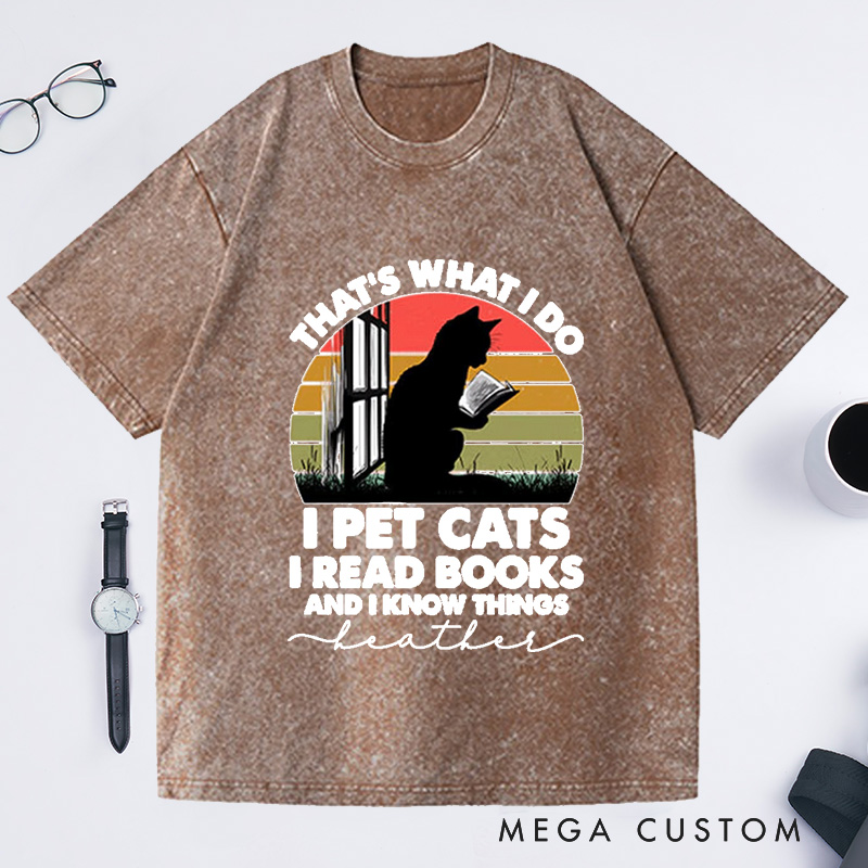 Personalized Cat and Book Washed T-Shirts Book Lover Shirt Cat Book Shirt Cat Lover Shirt Reading Shirts Bookworm Gifts