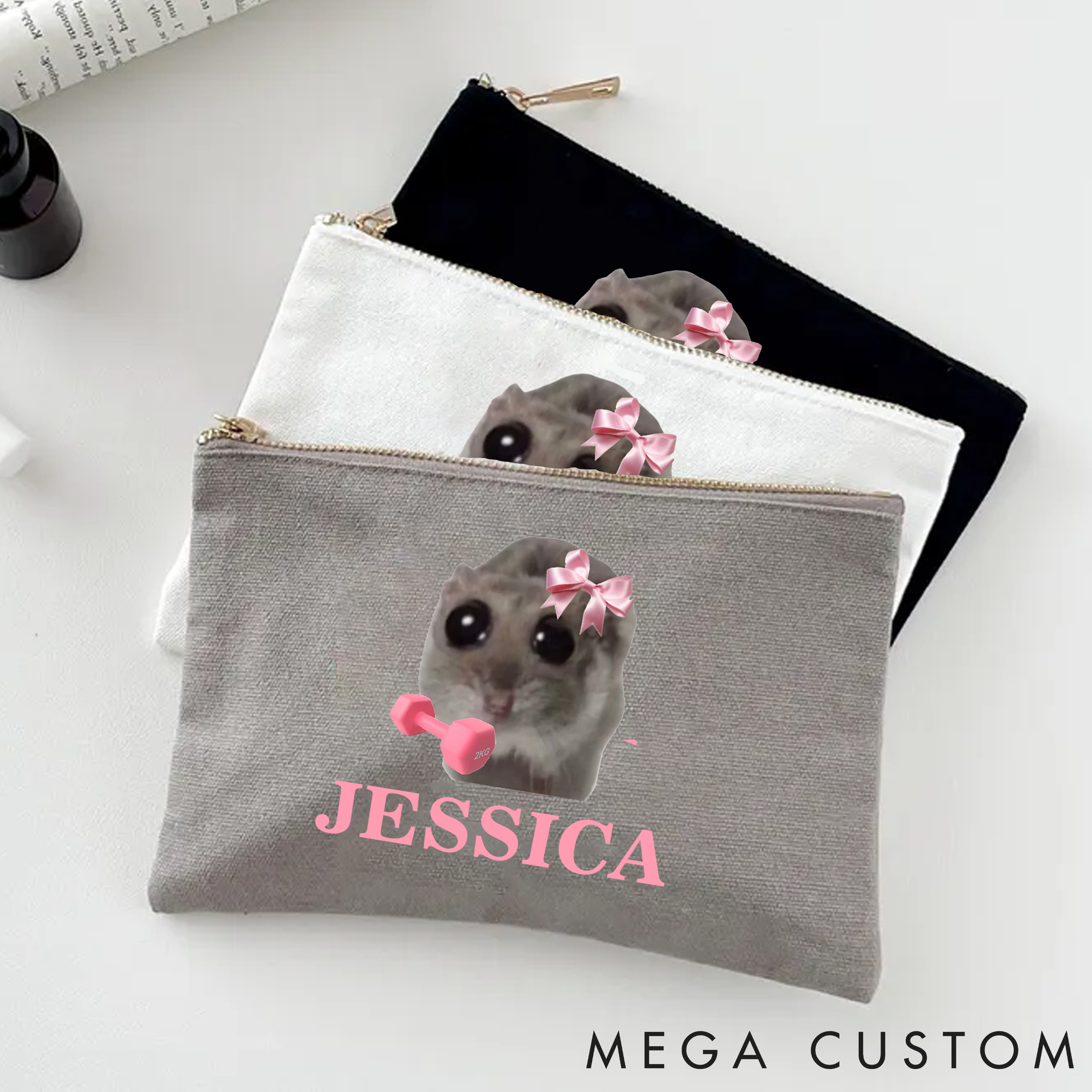 Personalized Adorable Makeup Bag with Cute Hamster with Bow for Fitness Enthusiasts Bodybuilders and Gym Lovers
