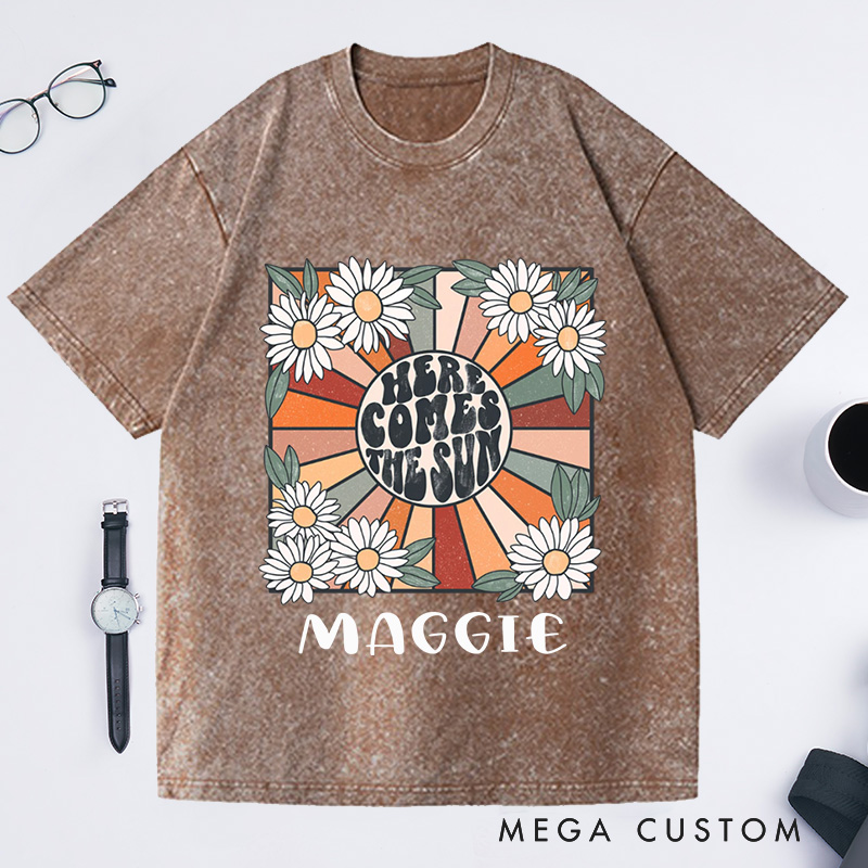 Personalized Here Comes the Sun Washed T-Shirts for Women Travel Beach Vacation Shirt Sunshine Shirt Beatles Retro Shirt Motivational Shirt Gift for Her