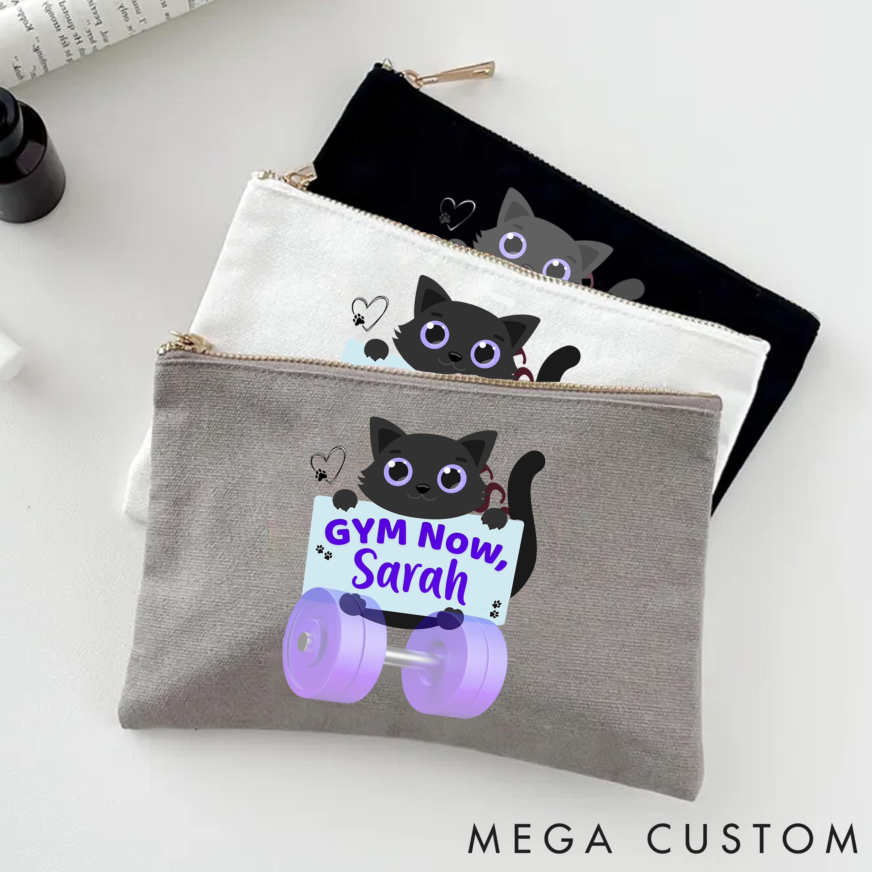 Personalized Zipper Makeup Bag with Black Cat and Dumbbell Theme for Fitness Enthusiasts Bodybuilders and Gym Lovers