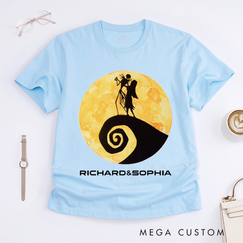 Personalized Skeleton Couple Romantic Moonlight Scene T-Shirts Unique Gothic Art Lovers Gift Custom Unisex Tee for Anniversary