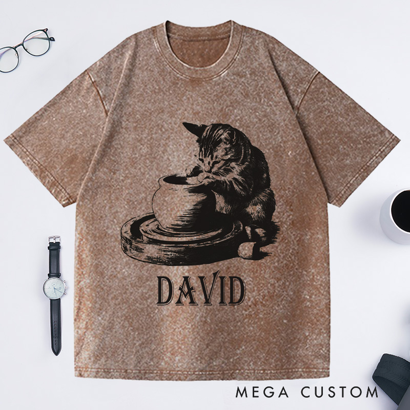 Personalized Cat Pottery Washed T-Shirts Pottery Lover T-Shirt Funny Cat Woman Shirt Weird Animals Shirts Vintage 90s Tattoo Graphic Tee