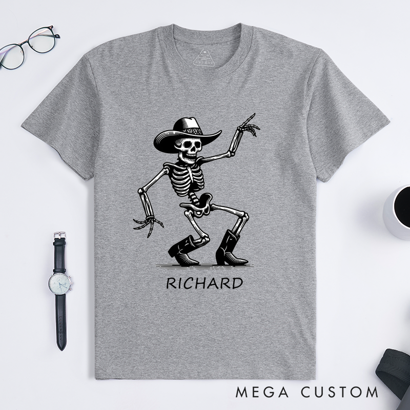Personalized Dancing Skeleton Cowboy T-Shirts Unique Western Cowboy Skeleton Gift for Men Custom Name Rodeo Skeleton In Hat and Boots Shirt for Dad Husband Friends