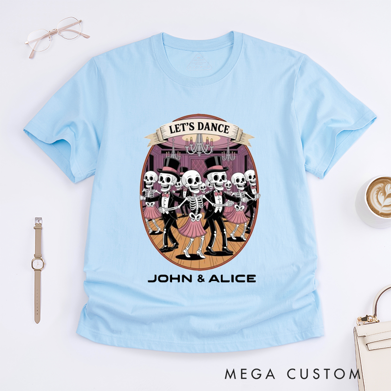 Personalized Skeleton Ballroom Dance T-Shirts Funny Dancing Skeletons Tee Unique Dance Gift for Dancer Friend Couple Custom Unisex Shirt