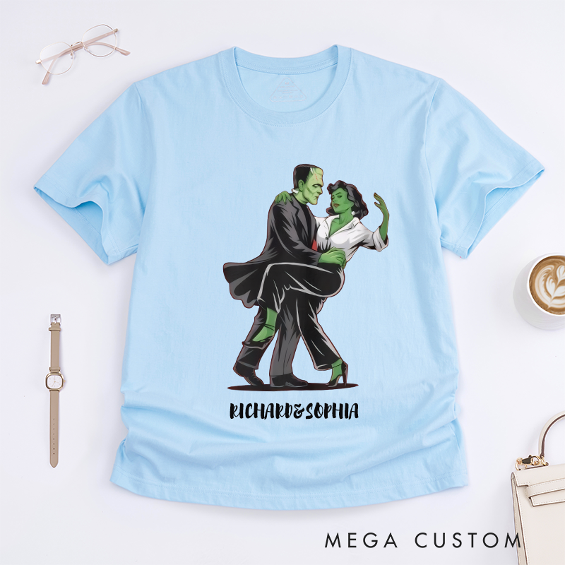 Personalized Dancing Monster Couple T-Shirts Unique Green Character Lovers Gift Custom Funny Unisex Tee for Men Women Present