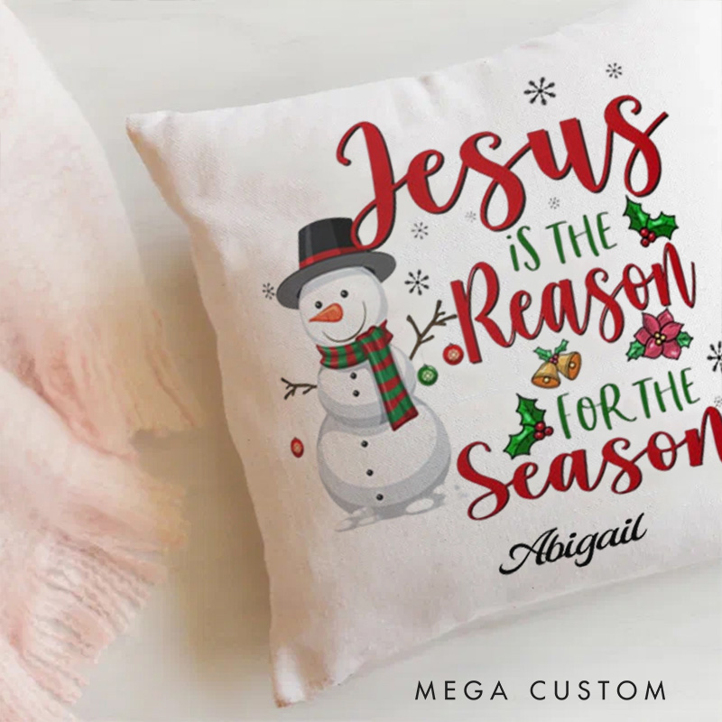 Personalized Jesus is the Reason for the Season Throw Pillow Cover with Name Home Decor Christmas Snowman Throw Pillow Religious Gift Christmas Gift