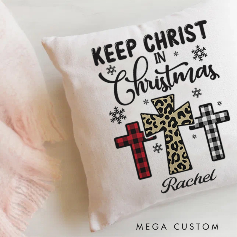 Personalized Keep Christ in Christmas Three crosses Throw Pillow with Name Birthday Gift for Family Religious Gift for Christian Christmas Gift