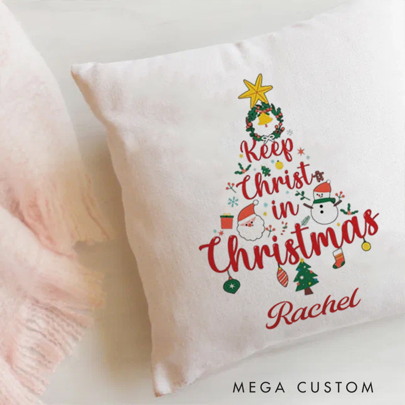 Personalized Keep Christ in Christmas tree Throw Pillow with Name Birthday Gift for Family Religious Gift for Christian Christmas Gift
