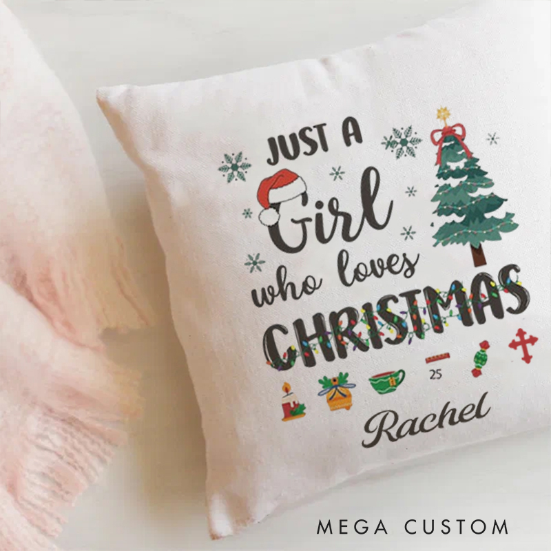 Personalized Just a girl who loves Christmas Throw Pillow with Name Birthday Gift for Family Religious Gift for Christian Christmas Gift