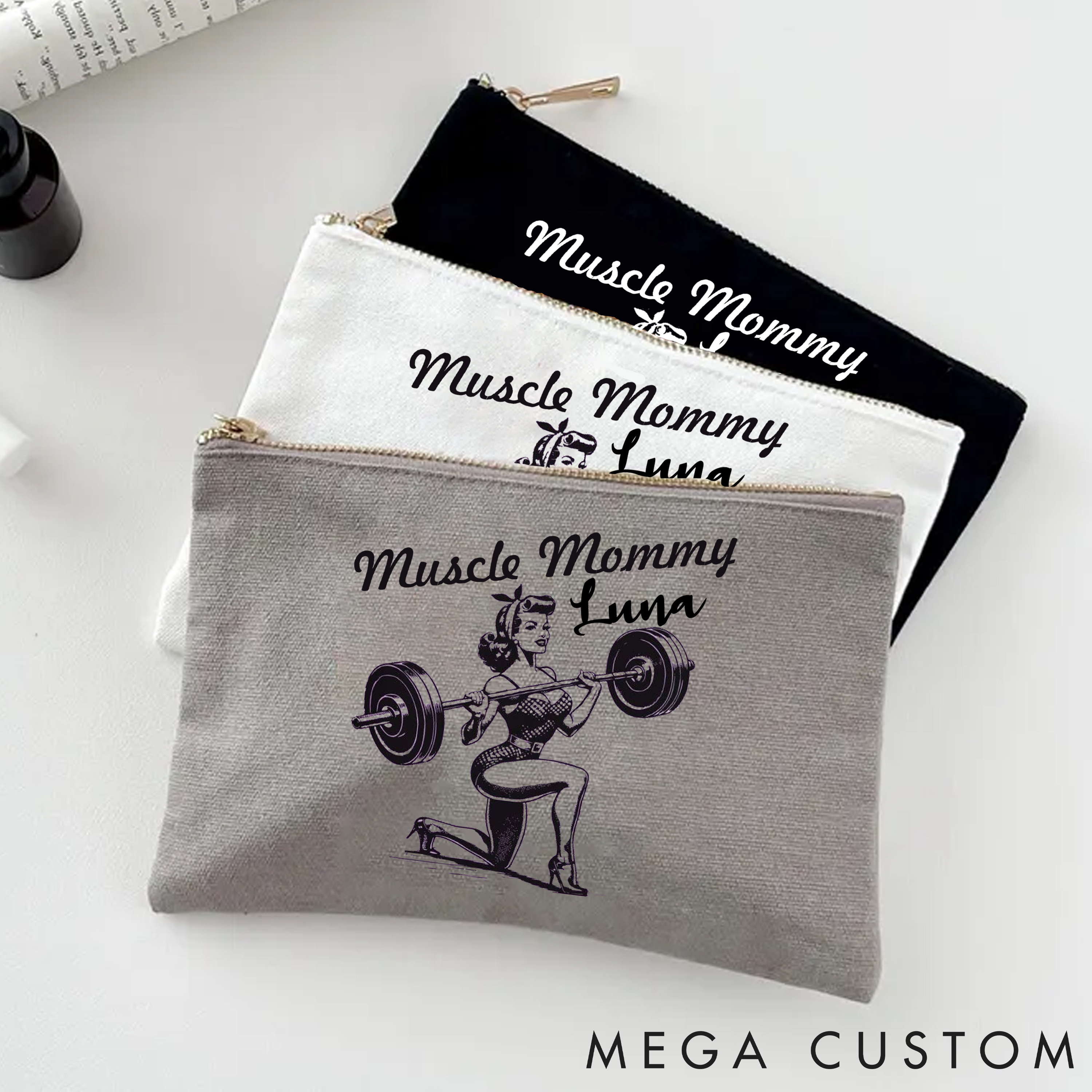 Personalized Zipper Makeup Bag with Muscle Mommy Strong and Elegant Design for Fitness Enthusiasts Bodybuilders and Gym Lovers
