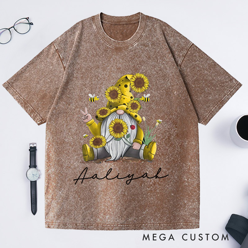 Personalized Sunflower Gnome Washed T-Shirts Bee Gnome Shirt Gnome Peace Sign Shirt Funny Gnome Shirt Spring Gnome Tee Cute Bee Gnome Shirt