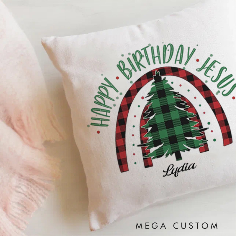 Personalized Happy Birthday Jesus Throw Pillow Cover with Name Home Decor Christmas Tree Throw Pillow Religious Gift Christmas Gift