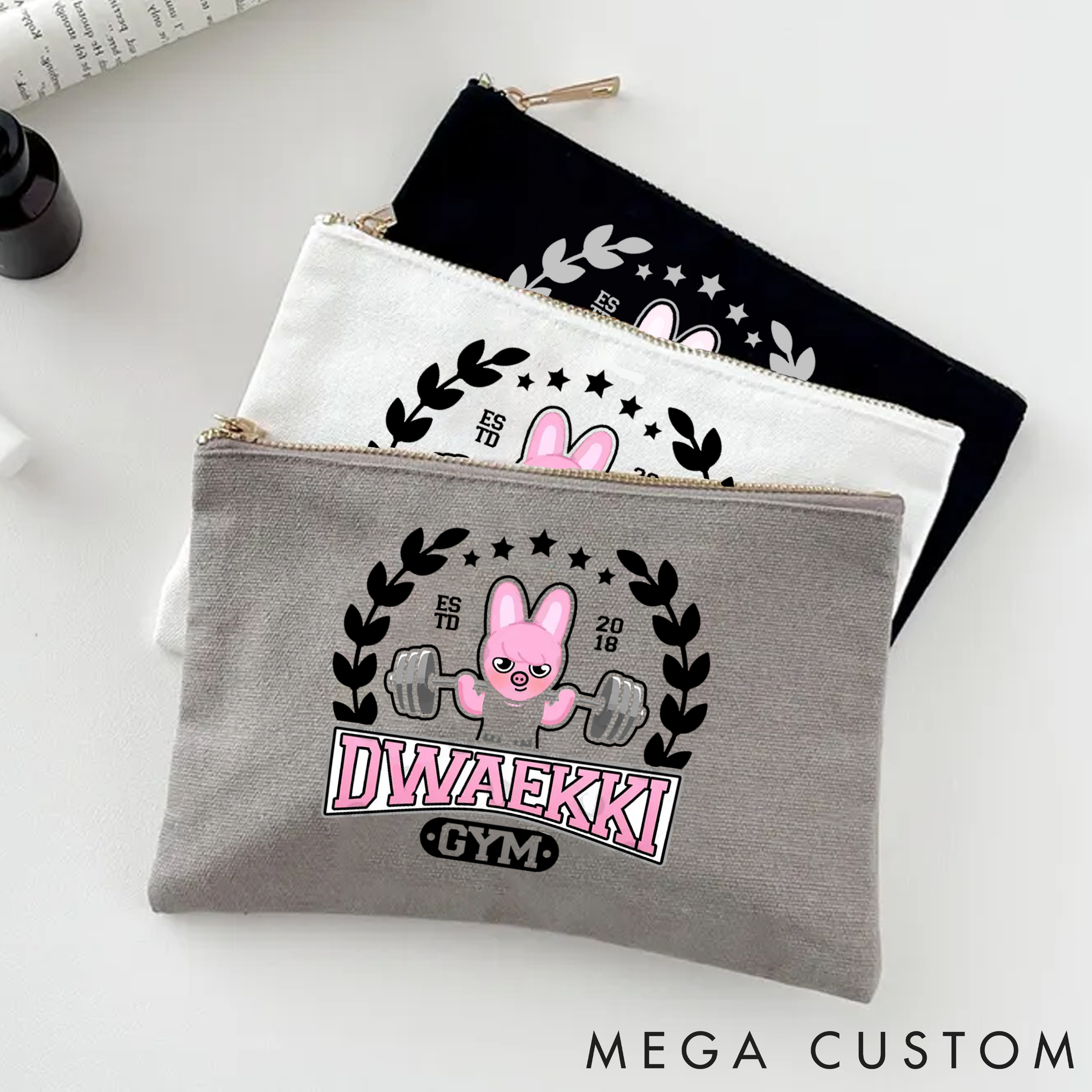 Personalized Zipper Makeup Bag with Adorable Bunny Weightlifting Theme for Fitness Enthusiasts Bodybuilders and Gym Lovers