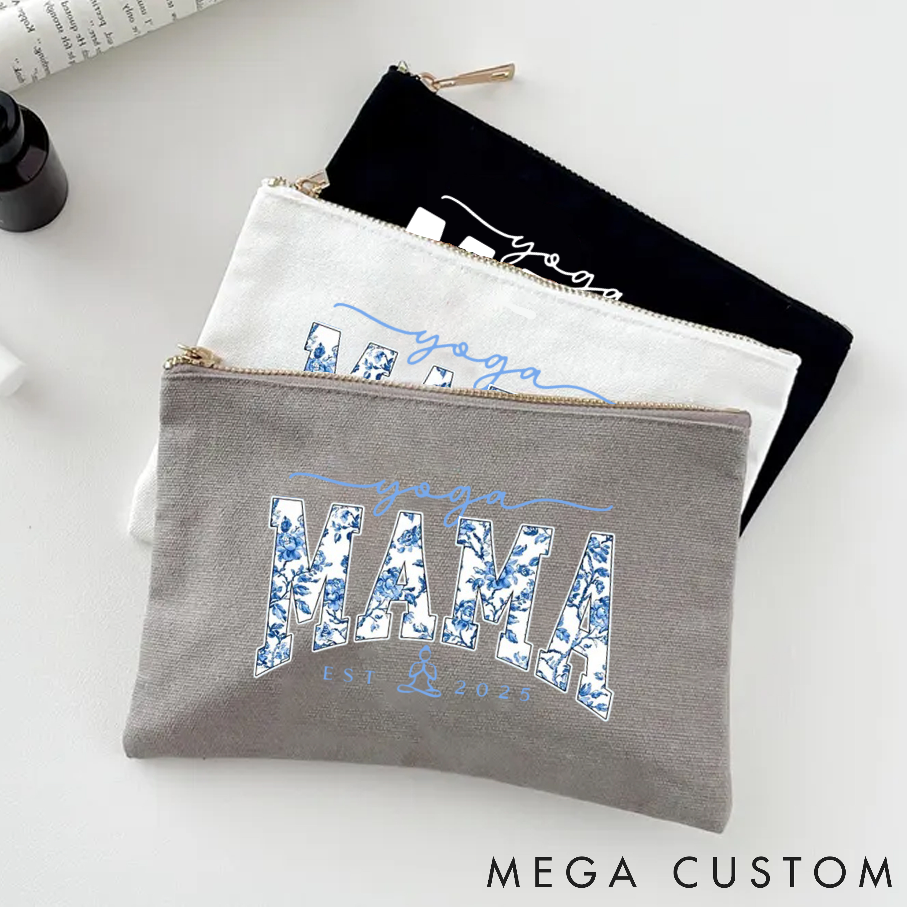 Personalized Yoga Mama Zipper Makeup Bag with Floral Design Custom Time Yoga Makeup Bag Gift Idea for Yoga Lover